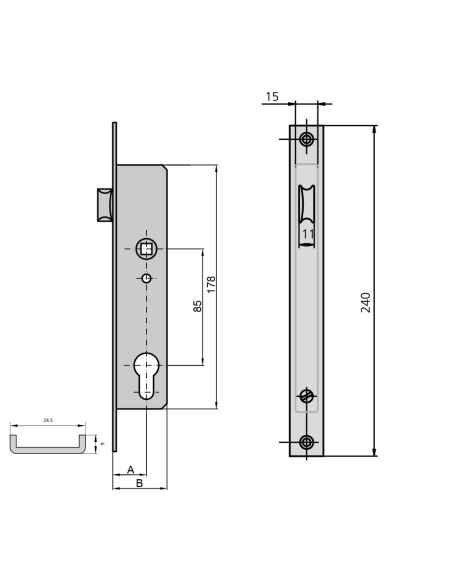 CERRDURA SOLO PICAPORTE FRENTE DE  U   ACCION CLINDRO Y MANILLA FRONTAL INOX SIN CILINDRO REF 196T/35/6USC