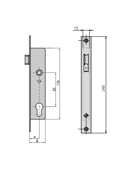 CERRADURA SOLO PICAPORTE ACCION CILINDRO Y MANILLA FRONTAL INOX CON CILINDRO 30X40 REF 196T35/6.C3.0.1.1